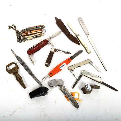 822 - Various penknives and whistles, including silver-bladed mother-of-pearl handled fruit knife