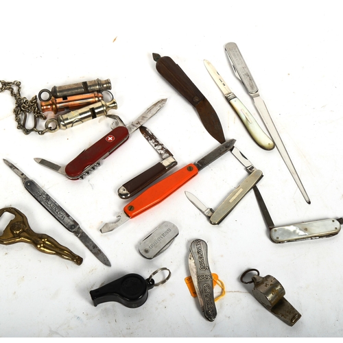 822 - Various penknives and whistles, including silver-bladed mother-of-pearl handled fruit knife