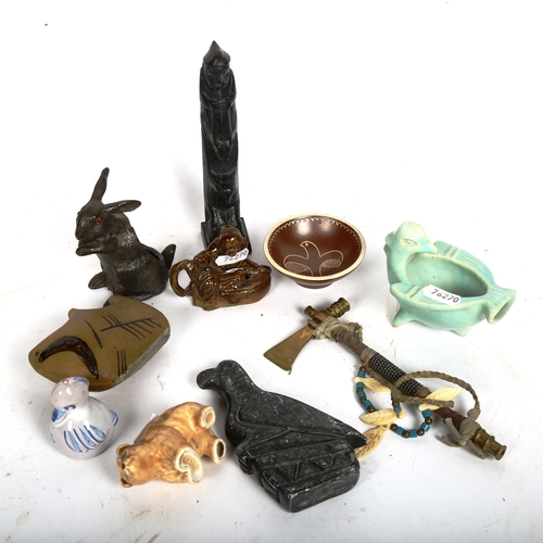 828 - Various ceramics and collectables, including silver plated hare pin cushion, slate totem etc