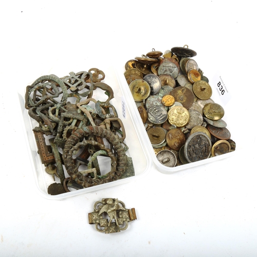 836 - A group of military buttons, and Antique buckles (2 boxes)