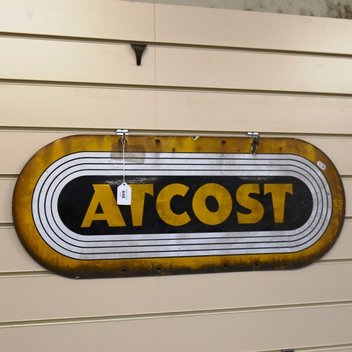 848 - A Vintage Atcost yellow enamel advertising sign, 31cm x 76cm