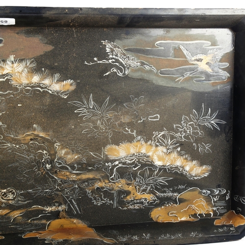 850 - A large Japanese black lacquered and gilded tray, 40cm x 85cm