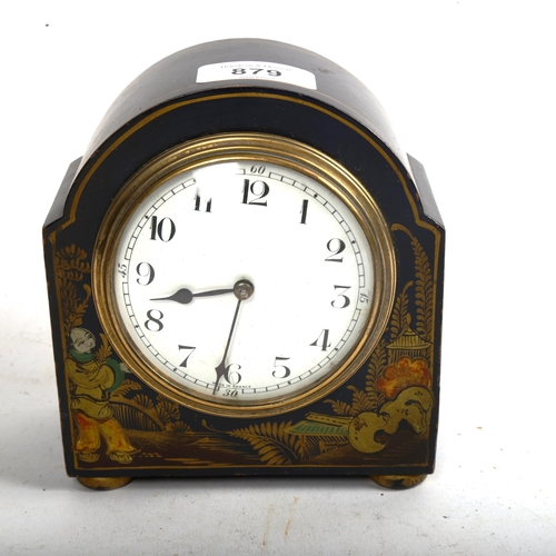 879 - A French chinoiserie gilded black lacquer mantel clock, height 15cm