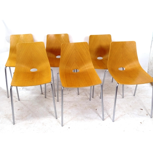 2144 - A set of 6 Allermuir bent plywood side chairs, the sculptural seat with oval cut-out and maker's lab... 