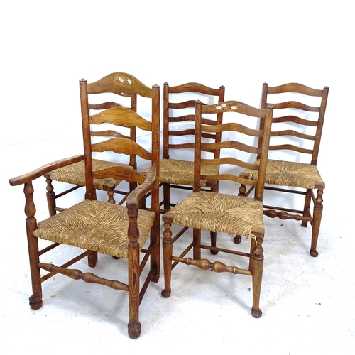 2249 - A set of 5 oak and elm rush-seated ladder-back chairs (4 and 1)