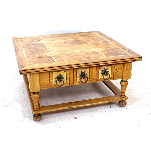 2256 - A square banded hardwood coffee table, with fitted drawers, on turned legs, W90cm, H45cm