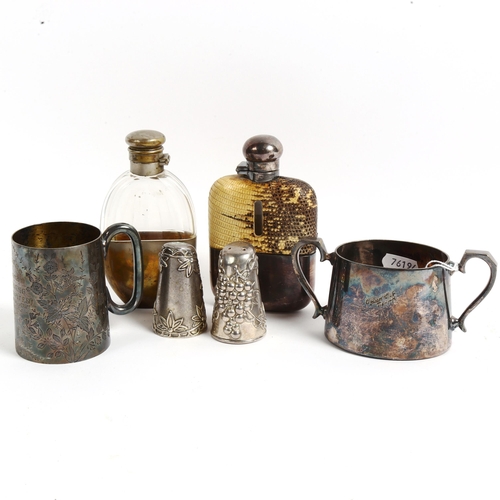 1007 - 2 hip flasks with plated cups, 1 snakeskin covered, 2 plated Christening tankard etc