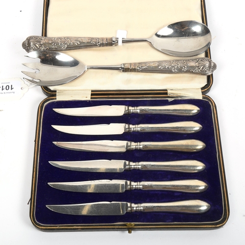 1014 - A cased set of 6 silver-handled knives, and a pair of Edwardian silver King's patterned handled sala... 