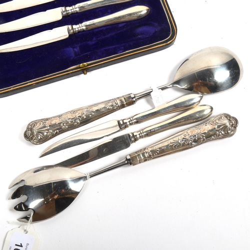 1014 - A cased set of 6 silver-handled knives, and a pair of Edwardian silver King's patterned handled sala... 