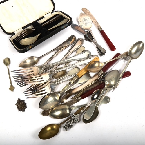 1018 - 2 silver fobs, plated cutlery, butter knives etc (trayful)