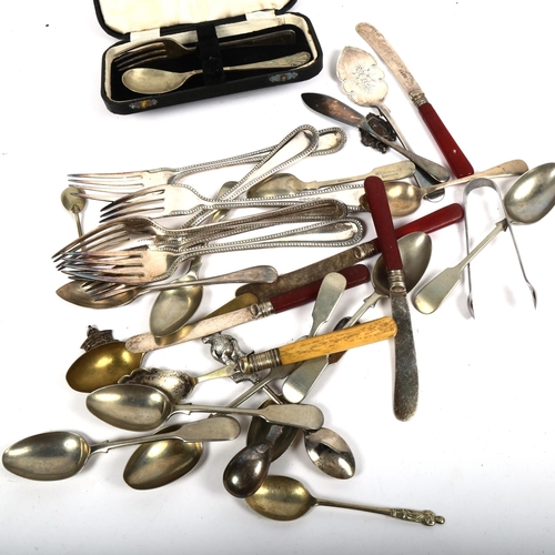 1018 - 2 silver fobs, plated cutlery, butter knives etc (trayful)