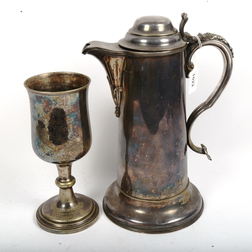 1022 - A large Victorian electroplate lidded flagon, height 30cm, and a Victorian plated goblet (2)