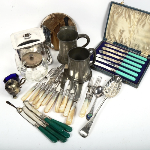 1023 - A silver plated tea caddy, mother-of-pearl fruit knives and forks, cutlery etc (boxful)