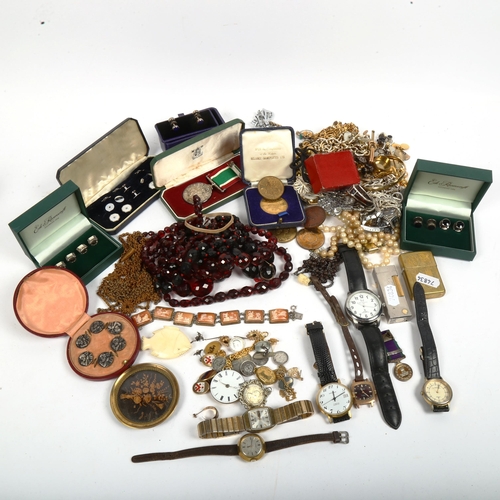 1036 - A box of mixed costume jewellery, wristwatches, cufflinks etc