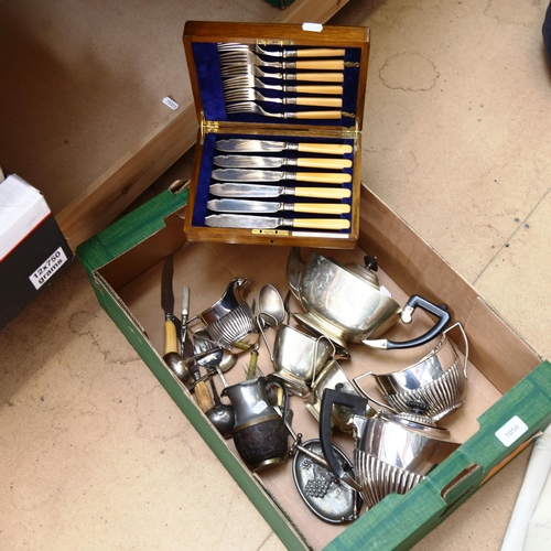 1050 - A Mappin & Webb silver plated tea set, a cased fish service, cutlery etc (boxful)