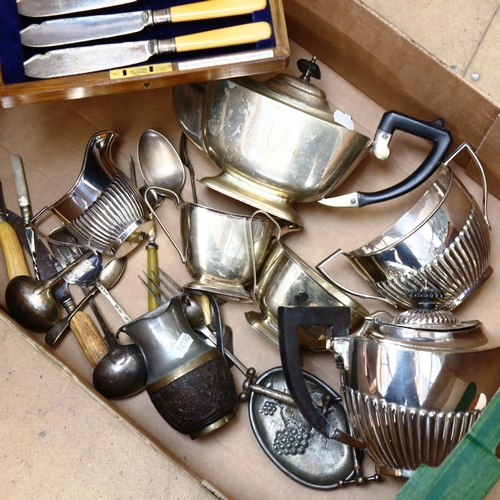 1050 - A Mappin & Webb silver plated tea set, a cased fish service, cutlery etc (boxful)