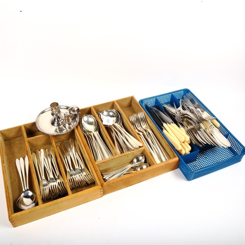 1052 - David Mellor, Sheffield silver plate forks and spoons, and ivorine-handled dinner and side knives, a... 