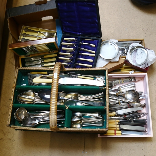 1054 - A large quantity of mixed plated cutlery, some boxed (boxful)