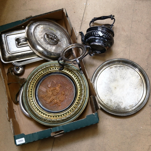 1055 - Silver plated serving trays, a tureen, a spirit kettle on stand etc (boxful)