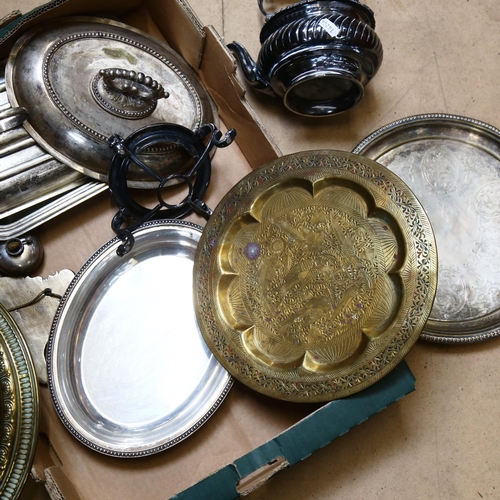 1055 - Silver plated serving trays, a tureen, a spirit kettle on stand etc (boxful)