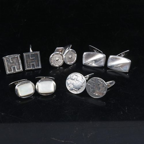 1058 - 5 pairs of Scandinavian silver cufflinks, some with engraved decoration