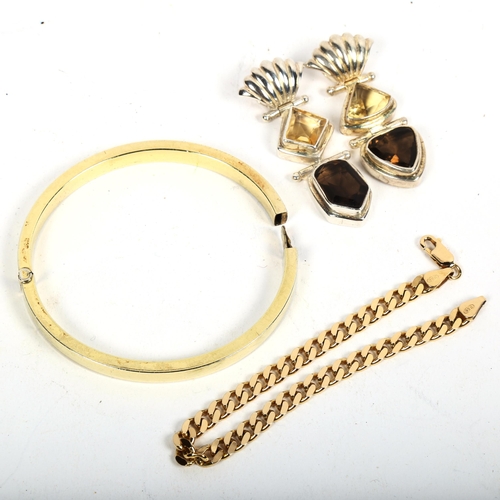 1063 - A silver-gilt bangle and bracelet, and 2 silver and stone set pendants