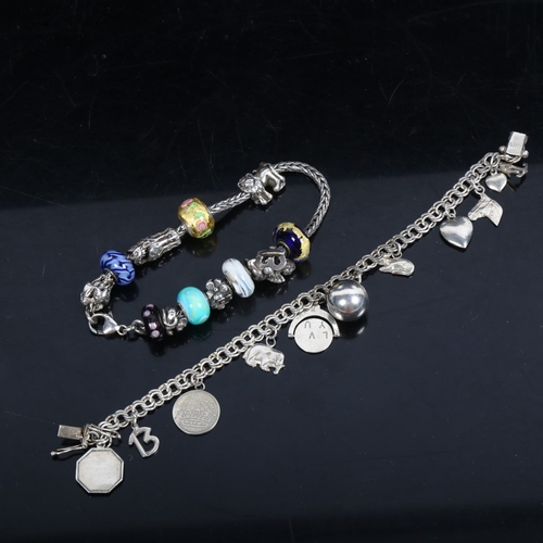 1067 - 2 Danish silver charm bracelets, 1 set with glass charms