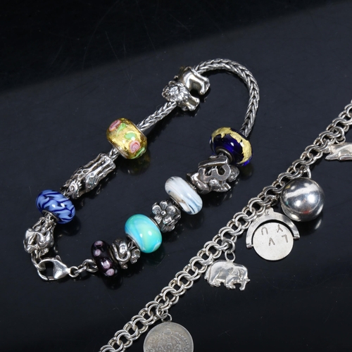 1067 - 2 Danish silver charm bracelets, 1 set with glass charms