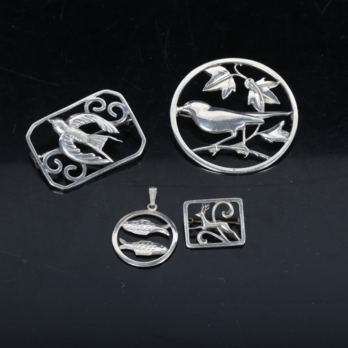 1071 - 3 Danish silver openwork brooches of bird and deer design, and a fish design pendant (4)