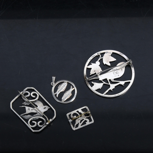 1071 - 3 Danish silver openwork brooches of bird and deer design, and a fish design pendant (4)