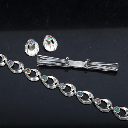 1073 - HERMANN SIERSBOL - a sterling silver and stone set bracelet and matching earrings, and a silver clip