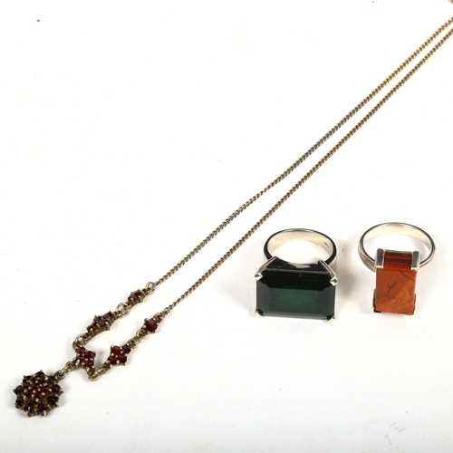 1074 - A garnet set drop pendant necklace, and 2 sterling silver stone set rings