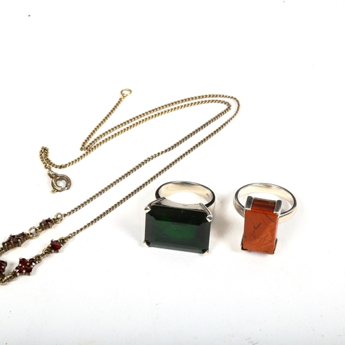 1074 - A garnet set drop pendant necklace, and 2 sterling silver stone set rings