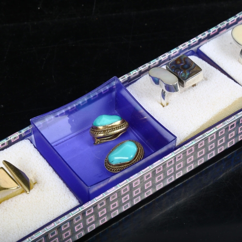 1077 - Various stone set and marine ivory rings, turquoise earrings etc