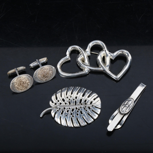 1078 - LOS CASTILLO - a Mexican sterling silver brooch, another with heart design, a pair of 10ct gold and ... 