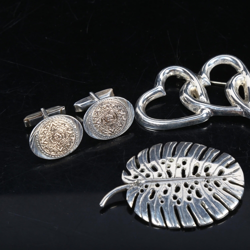 1078 - LOS CASTILLO - a Mexican sterling silver brooch, another with heart design, a pair of 10ct gold and ... 