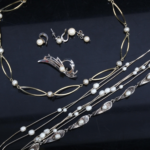 1079 - 2 silver and pearl set necklaces, a bracelet, a brooch, and earrings