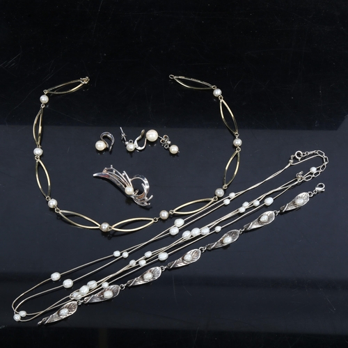 1079 - 2 silver and pearl set necklaces, a bracelet, a brooch, and earrings