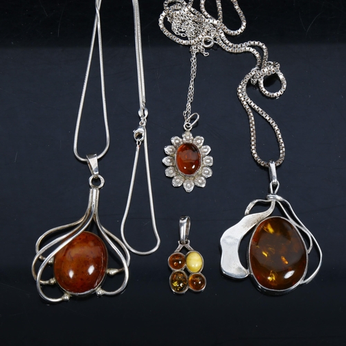 1080 - 4 silver and amber pendant necklaces, 3 with silver chains