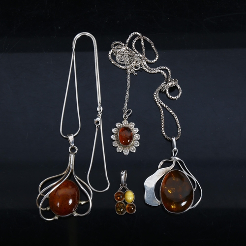 1080 - 4 silver and amber pendant necklaces, 3 with silver chains