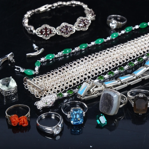 1085 - Various silver and other costume jewellery, to include rings, a stone set and marcasite panel bracel... 