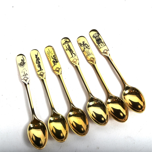 1099 - W & S SORENSEN - a set of 6 silver-gilt Egyptian Revival teaspoons, with enamel decoration