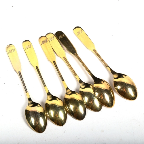 1099 - W & S SORENSEN - a set of 6 silver-gilt Egyptian Revival teaspoons, with enamel decoration