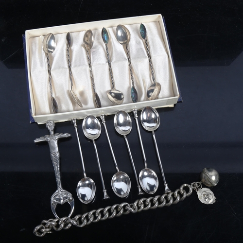 1100 - 2 sets of silver teaspoons, silver sugar tongs etc