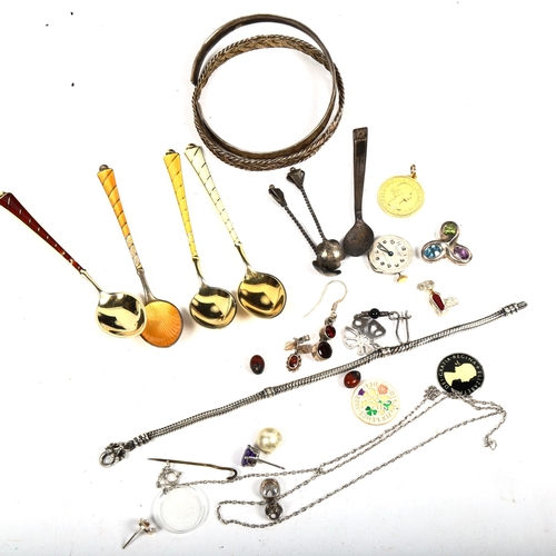 1101 - 4 Danish silver-gilt and enamel teaspoons, a sterling silver mustard spoon, bangles etc