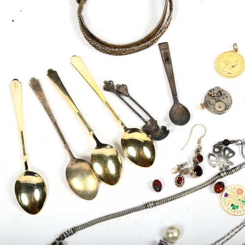 1101 - 4 Danish silver-gilt and enamel teaspoons, a sterling silver mustard spoon, bangles etc