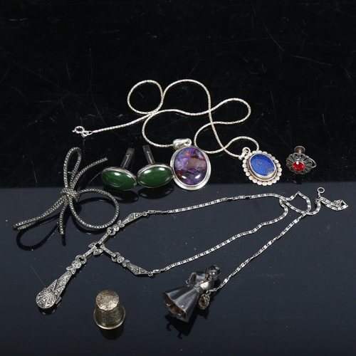 1115 - A pair of silver and agate set cufflinks, silver necklaces, a pendant, a thimble etc