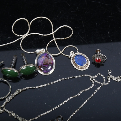 1115 - A pair of silver and agate set cufflinks, silver necklaces, a pendant, a thimble etc