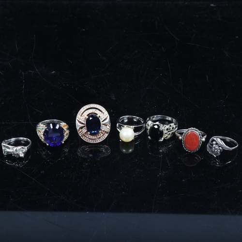 1117 - 7 various silver stone and pearl set dress rings