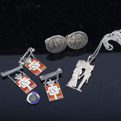 1118 - GEORG JENSEN - silver and red enamel Kingmark badges, pendants, and cufflinks